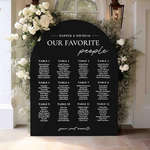 May include: Black arch-shaped seating chart with white text. The chart is titled "Our Favorite People" and lists tables with guest names. The text at the bottom reads "your seat awaits".