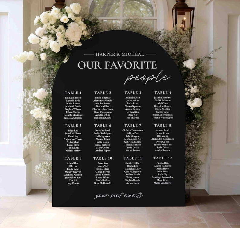 May include: Black arch-shaped seating chart with white text. The chart is titled "Our Favorite People" and lists tables with guest names. The text at the bottom reads "your seat awaits".