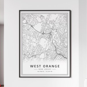 May include: Black and white line art map of West Orange, New Jersey. The map shows the city's streets and roads. The text "West Orange - New Jersey - 40.7986°N - 74.2391°W" is at the bottom of the map.
