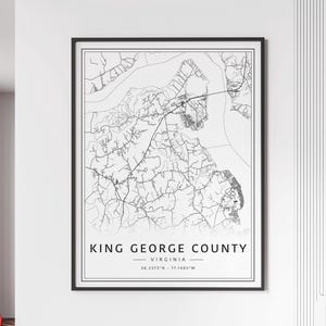 Impression de carte des rues du comté de King George en Virginie | Impression de carte du comté de King George sur verre acrylique | Impression de carte routière du comté de King George | Poster Carte