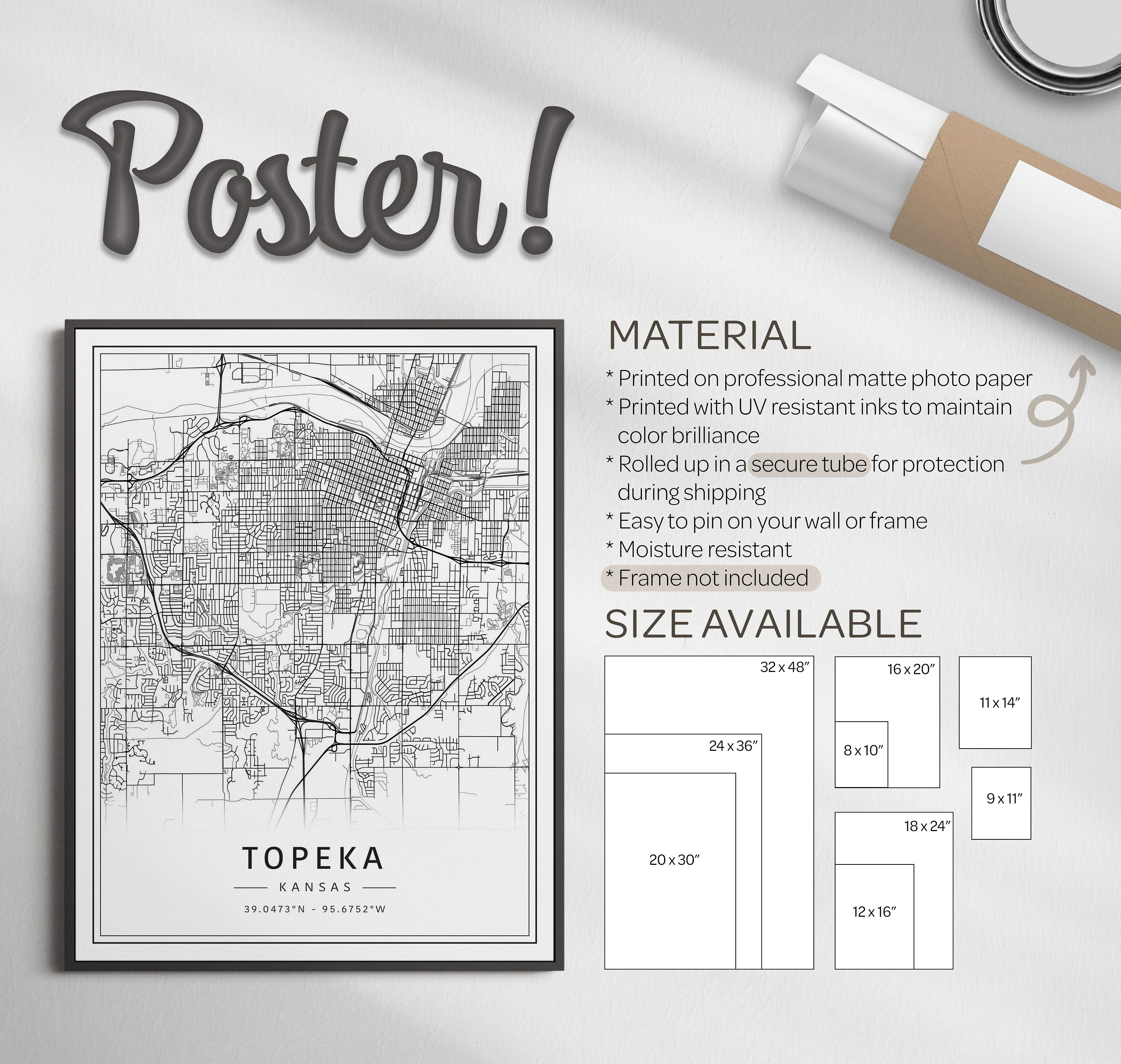 Topke Map Topeka Kansas Street Map Print | Acrylic Topeka City Map Print | Canvas ...