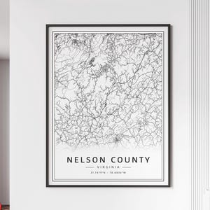 Carte des rues du comté de Nelson en Virginie | Impression de carte du comté de Nelson sur verre acrylique | Impression de carte routière du comté de Nelson | Poster Carte du comté de Nelson