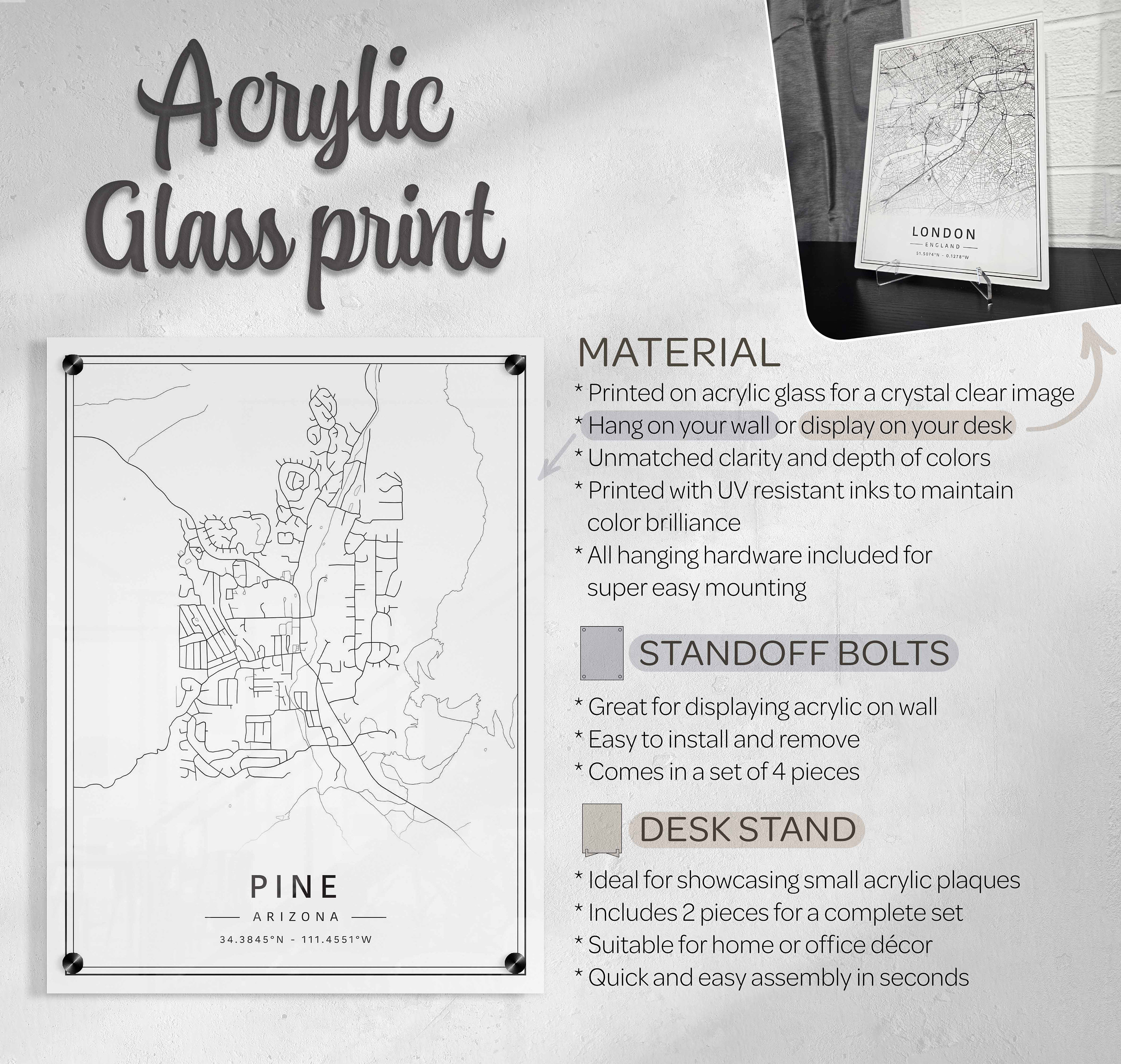 Pine Arizona Street Map Print | Acrylic Pine Map Print | Canvas