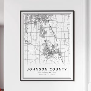 Carte des rues du comté de Johnson IN Impression | Impression de carte du comté de Johnson sur verre acrylique | Carte routière du comté de Johnson en toile | Poster Carte du comté de Johnson