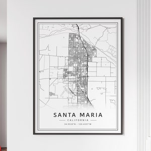 Impresión de mapa de calles de Santa María CA / Vidrio acrílico Impresión de mapa de la ciudad de Santa María / Lienzo Impresión de mapa de carreteras de Santa María / Póster Mapa de Santa María