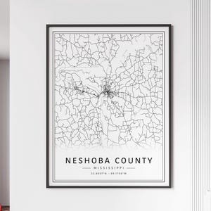 Impression de carte des rues du comté de Neshoba | Impression de carte du comté de Neshoba sur verre acrylique | Impression de carte routière du comté de Neshoba | Impression de carte d'affiche