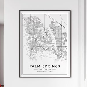 Impression de carte des rues de Palm Springs, Californie | Impression de carte de la ville de Palm Springs en verre acrylique | Impression de carte routière de Palm Springs sur toile | Poster Carte de Palm Springs