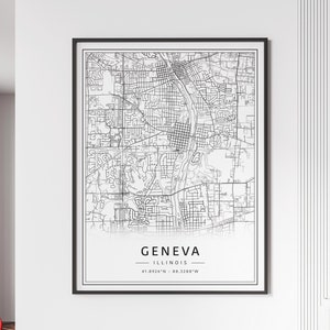 May include: Black and white map print of Geneva, Illinois. The map shows the city streets and features the city name and coordinates: 41.8926°N - 88.3288°W.