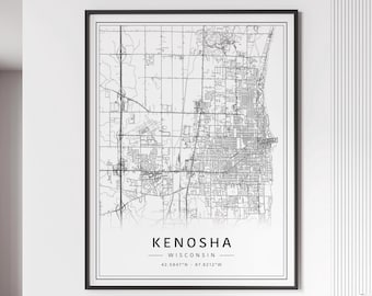 May include: Black and white map print of Kenosha, Wisconsin. The map shows the city streets and includes the coordinates 42.5847°N - 87.8212°W.