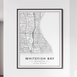 Impression de plan des rues de Whitefish Bay, WI | Impression de carte en verre acrylique de la baie du corégone | impression de carte routière de Whitefish Bay | Poster Carte de la baie Whitefish