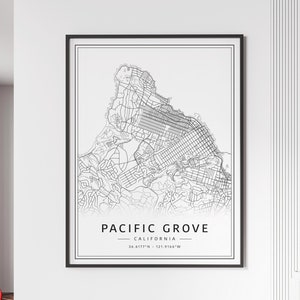 May include: Black and white line art map of Pacific Grove, California. The map shows the city streets and coastline. The text "PACIFIC GROVE - CALIFORNIA - 36.6177°N - 121.9166°W" is printed below the map.