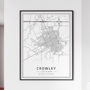 Impression de plan des rues de Crowley LA | Impression acrylique de carte de la ville de Crowley | Impression de carte routière de Crowley sur toile | Poster Impression de la carte de Crowley