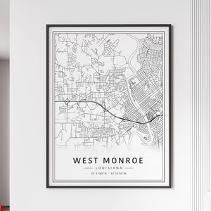 Carte des rues de West Monroe LA Impression | Impression acrylique de carte de ville de West Monroe | Impression de carte routière de West Monroe | Impression de carte de West Monroe