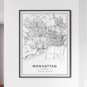 Impression de carte des rues de Manhattan, Kansas | Impression acrylique de carte de la ville de Manhattan | Impression de carte routière de Manhattan sur toile | Poster Impression carte de Manhattan