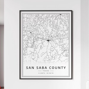 Impression de carte des rues du comté de San Saba, Texas | Impression de carte du comté de San Saba sur verre acrylique | impression de carte routière du comté de San Saba | Impression de carte d'affiche