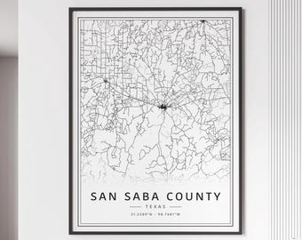 San Saba County TX Street Map Print | Acrylic Glass San Saba County Map Print | Canvas San Saba County Road Map Print | Poster Map Print