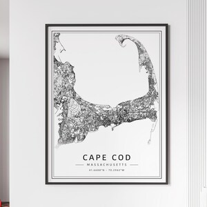Impression de carte des rues de Cape Cod dans le Massachusetts | Impression de carte de la ville de Cape Cod en verre acrylique | Carte routière de Cape Cod en toile | Poster Impression de la carte de Cape Cod