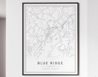May include: Black and white line art map print of Blue Ridge, Georgia. The map shows the city streets and surrounding area. The text "BLUE RIDGE - GEORGIA - 34.8640°N - 84.3241°W" is printed below the map.