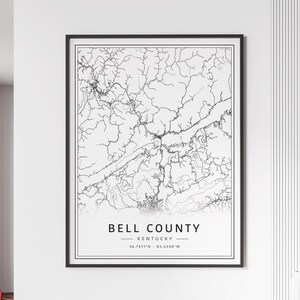 Carte des rues du comté de Bell, KY | Impression de carte du comté de Bell en acrylique | impression de carte routière du comté de Bell | Poster Impression de la carte du comté de Bell