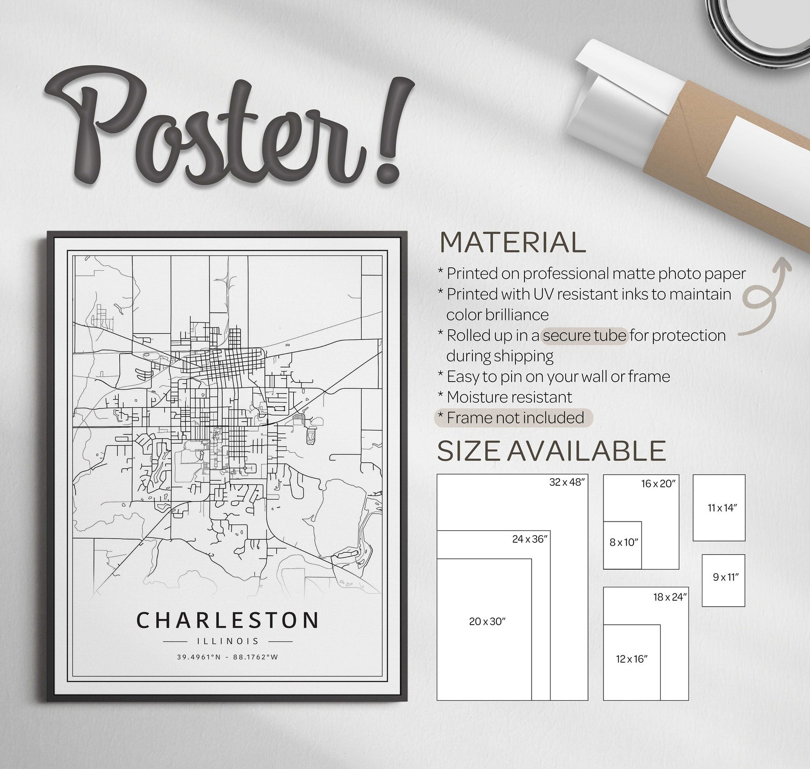 Charleston Illinois Street Map Print | Acrylic Glass Charleston City ...