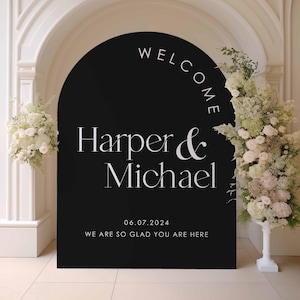 Panneau de bienvenue pour mariage en acrylique | Plaque de mariage d'entrée | Plaque de mariage personnalisée | Plaque de mariage en arc | Bienvenue dans notre plaque de mariage Black Arch
