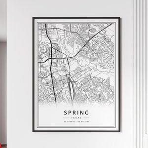 Impression de carte des rues de printemps du Texas | Impression printanière de carte de la ville en acrylique | Impression de carte routière printanière sur toile | Poster print carte print