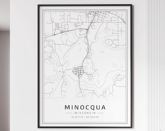 May include: A black and white line art map of Minocqua, Wisconsin. The map shows the city's streets, lakes, and other geographical features. The text "Minocqua, Wisconsin" and the coordinates "45.8711°N - 89.7093°W" are printed below the map.