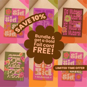 7 Pack - Eid Mubarak Eid Card + 1 Gold Foil, Ramadan Greeting Card Bundle with Envelope for Eidi Money Muslim Islamic Gift Kid Party Favor
