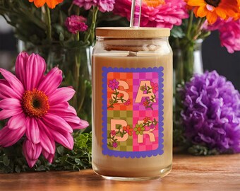 Islamic Retro & Groovy Flowers Aesthetic 16oz Iced Coffee Glass Can Cup Tumblr with Lid and Straw Ramadan Eid Gifts for Muslim Hijabi