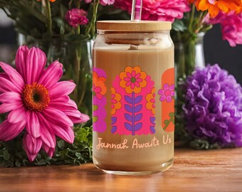 Islamic Retro & Groovy Flowers Aesthetic 16oz Iced Coffee Glass Can Cup Tumblr with Lid and Straw Ramadan Eid Gifts for Muslim Hijabi
