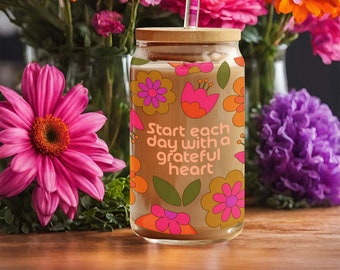 Islamic Retro & Groovy Flowers Aesthetic 16oz Iced Coffee Glass Can Cup Tumblr with Lid and Straw Ramadan Eid Gifts for Muslim Hijabi