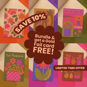 7 Pack - Eid Mubarak Eid Card + 1 Gold Foil, Ramadan Greeting Card Bundle with Envelope for Eidi Money Muslim Islamic Gift Kid Party Favor