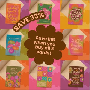 May include: A collection of eight greeting cards with retro floral designs and inspirational messages. The cards feature various color schemes, including pink, orange, green, and brown, with text such as "Love You" and "You're my favorite blessing."