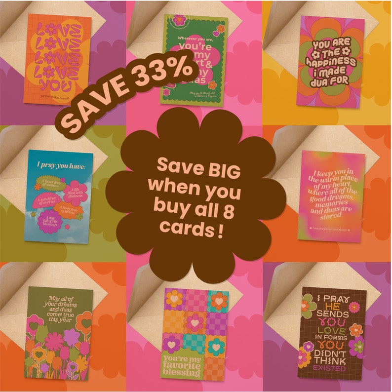 May include: A collection of eight greeting cards with retro floral designs and inspirational messages. The cards feature various color schemes, including pink, orange, green, and brown, with text such as "Love You" and "You're my favorite blessing."