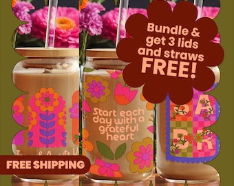 3 CUP BUNDLE with Lid & Straw FREE - Islamic Retro Groovy Flower 16oz Iced Coffee Glass Cup Tumblr Ramadan Eid Gift for Muslim Hijabi
