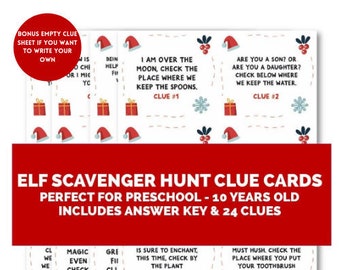 Elf Scavenger Hunt Clue Cards, *DIGITAL DOWNLOAD*, Elf Treasure Hunt Cards, Elf Scavenger Hunt Printables