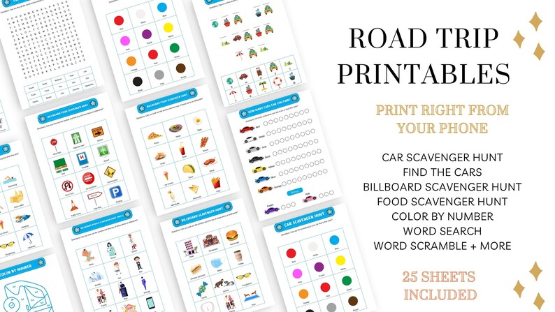 Road Trip Game Printables for Kids, Worksheets, Vacation, Travel Games