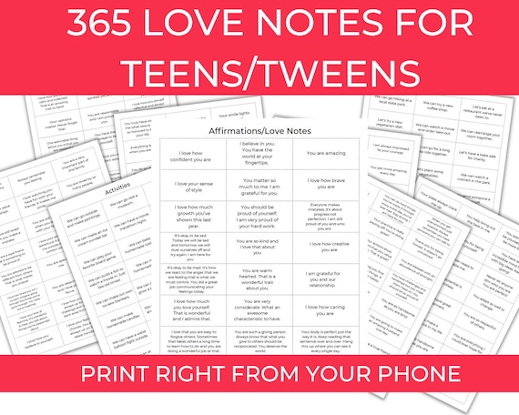 Birthday Gift for Teen, Love Notes, Gifts for tweens, 365 reasons why I love you, Lunch, Notes, Teen Girl, Teen Boy, Printable, Valentine's