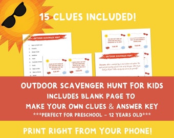 Kids Scavenger Hunt, Scavenger Hunt Game, Scavenger Hunt Clues, Kids Birthday Party, Treasure Hunt, Instant Download, Printable, Outdoor