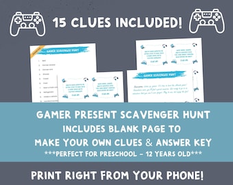 Gamer Scavenger Hunt, Treasure Hunt, Birthday Scavenger Hunt for Kids, Scavenger Hunt Clues, Kids Birthday Party, Treasure Hunt,  Printable