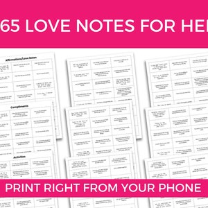 Op de afbeelding: Een printbare set van 365 liefdesbriefjes voor haar. De briefjes zijn onderverdeeld in drie categorieën: affirmaties, complimenten en activiteiten. De briefjes zijn ontworpen om te worden afgedrukt en aan een geliefde te worden gegeven.