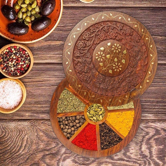Indian Spice Box Wooden Handicraft Round Brass Embossed Etsy