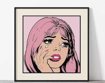 Pop Art Comic Girl, Crying Girl Pop Art, Sad Girl Print, Retro Comic Style, 1960s Pop Art, Vintage Comic Poster, Pink Square, Trendy Print