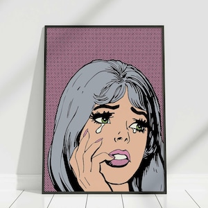 Pop Art Comic Girl, Crying Girl Pop Art, Sad Girl Print, Retro Comic Style, 1960s Pop Art, Vintage Comic Poster, Grey Hair, Trendy Art Print