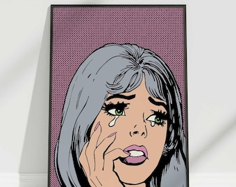 Pop Art Comic Girl, Crying Girl Pop Art, Sad Girl Print, Retro Comic Style, 1960s Pop Art, Vintage Comic Poster, Grey Hair, Trendy Art Print
