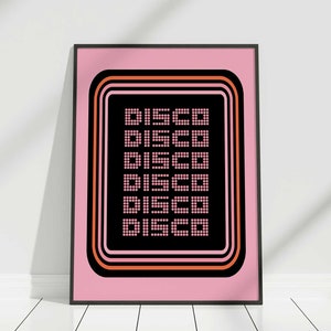 Impresión de discoteca, tipografía de discoteca, arte de pared de discoteca rosa, letrero de discoteca, póster de discoteca de estilo retro, póster de estilo de los años 70, arte de pared de discoteca de los años setenta