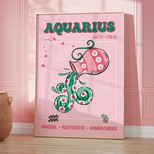 Aquarius Zodiac Star Sign Print, Astrology Poster, Trendy Wall Art, Illustration, Retro Style, Pink Art, Horoscope Gift