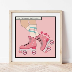 Impresión de patines, póster de patinaje sobre ruedas, patines rosas, roller derby, arte pop, arte de pared de los años 70, regalo para patinadores, arte retro vintage