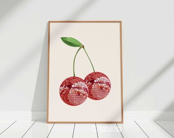 Cherry Disco Ball Print, Cherries Poster, Trendy Wall Art, Retro Pop, Preppy Room Décor, Cool Minimalist Aesthetic College Dorm Apartment