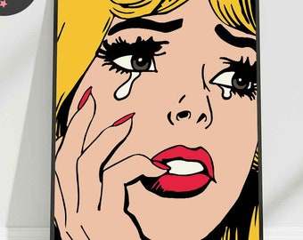 Pop Art Comic Girl, Crying Girl Pop Art, Sad Girl Print, Retro Comic Style, 1960s Pop Art, Vintage Comic Poster, Blonde, Digital Download
